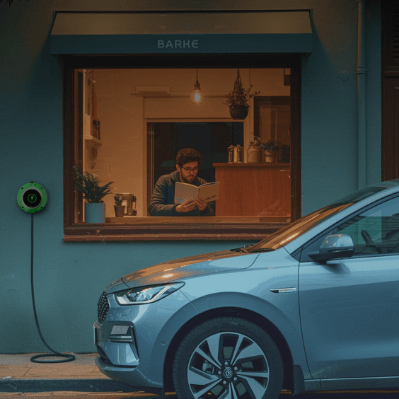 An EV charging at a public station while the driver rests